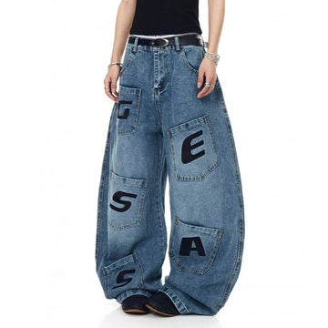 AIDASE  -  American Style Men's Jeans Letter Print Decoration Loose Wide-Leg Floor-Length Denim Pants Multi-pocket Trousers 21E7216 aidase-shop